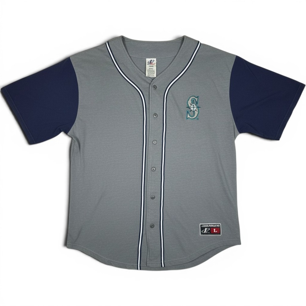 Vintage Logo Athletic Seattle Mariners Jersey Mens Large Gray Navy Button Up